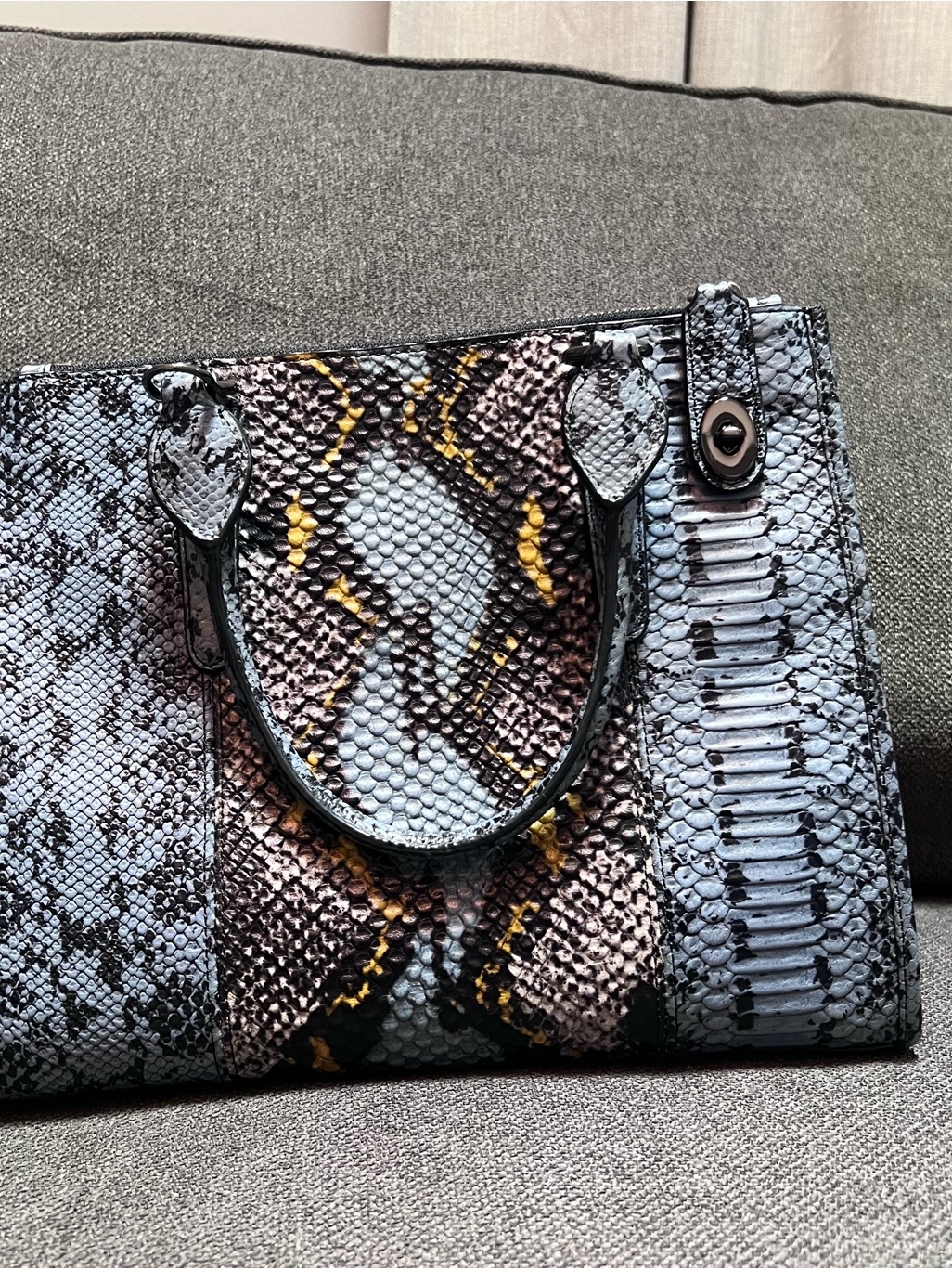 Coach Snake-Print Tote In Blue/Gray With Yellow Accents Never Used Authentic!